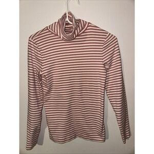 J.CREW Women's Striped Turtleneck T-Shirt Long Sleeve, 100% Cotton, Medium Pink